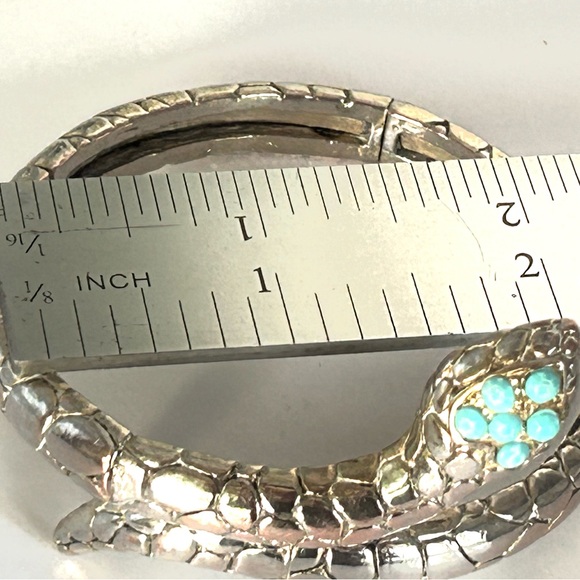 Hinged Silver Snake Reptile 🦎 Bangle Bracelet Faceted Faux Turquoise Blue Eyes - Picture 9 of 16
